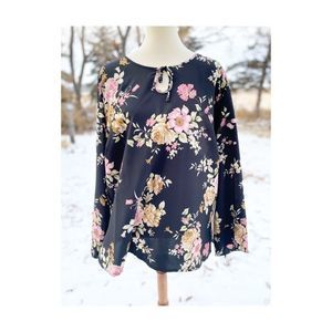Vintage 90s Boho Black Floral Sheer Blouse Top Keyhole Chiffon Sz 2X